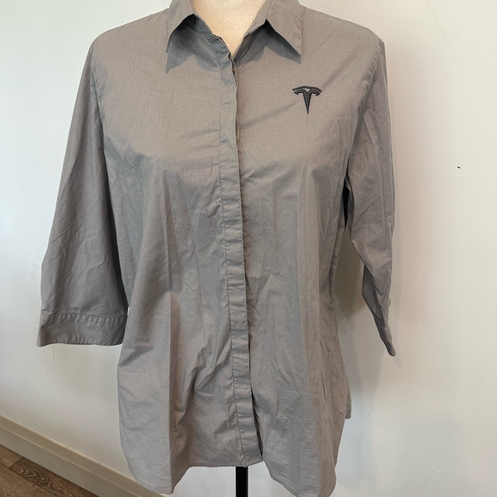 Tesla cotton work business shirt half sleeve collar grey button up SZ M/L EUC